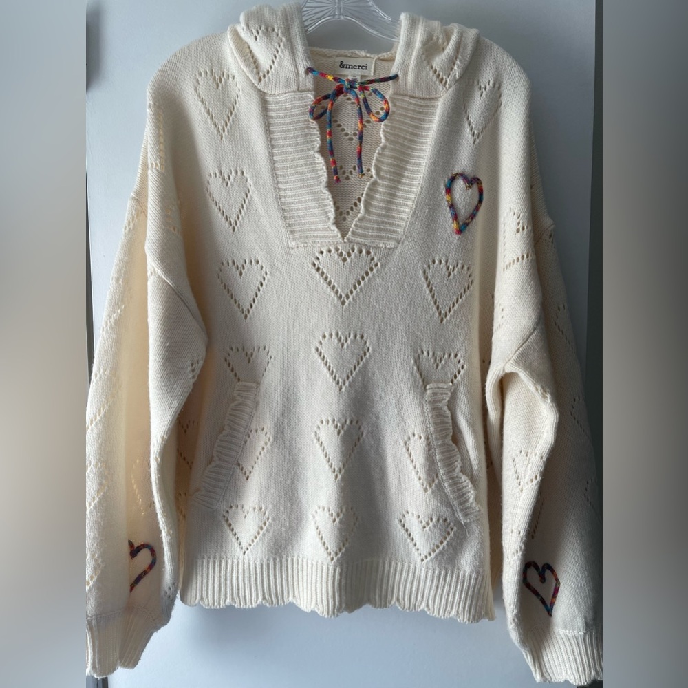 &MERCI HEART POINTELLE-KNIT IVORY PULLOVER/HOODED VALENTINES DAY SWEATER-LARGE